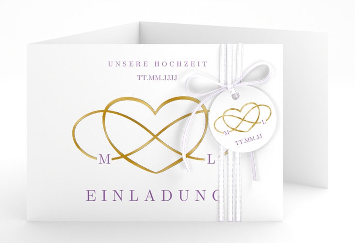 Hochzeitseinladung Infinity A6 Doppel-Klappkarte lila gold