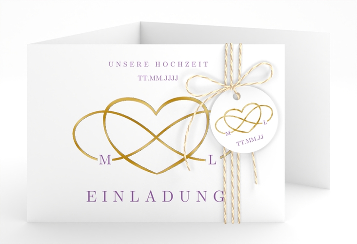 Hochzeitseinladung Infinity A6 Doppel-Klappkarte lila gold