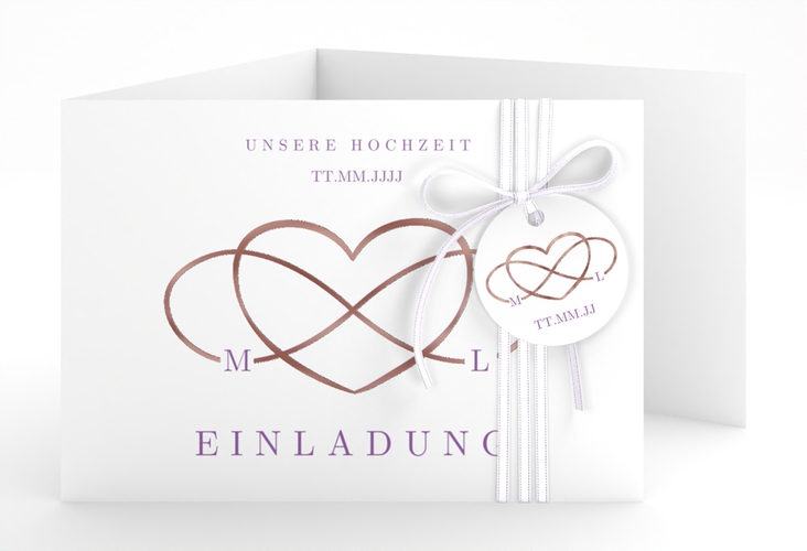 Hochzeitseinladung Infinity A6 Doppel-Klappkarte lila rosegold