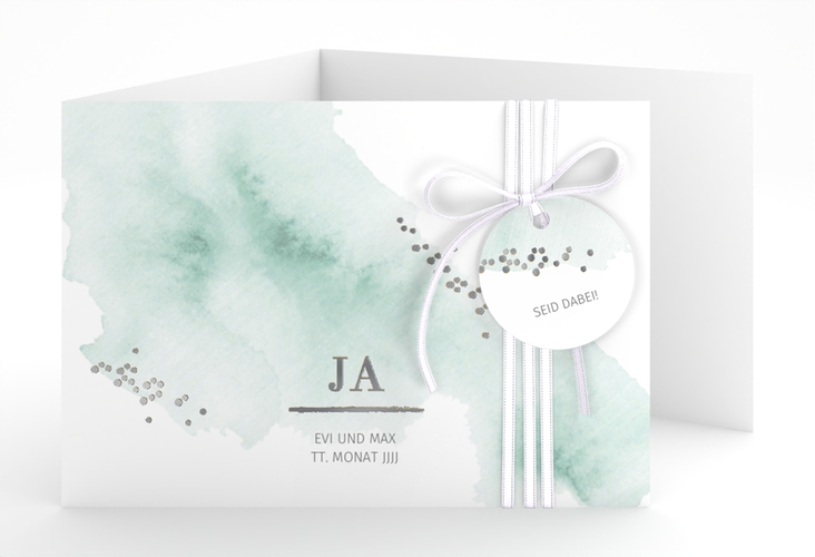 Hochzeitseinladung Pastell A6 Doppel-Klappkarte mint silber