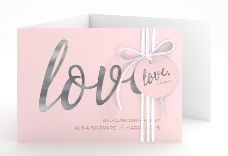 Hochzeitseinladung Glam A6 Doppel-Klappkarte rosa silber