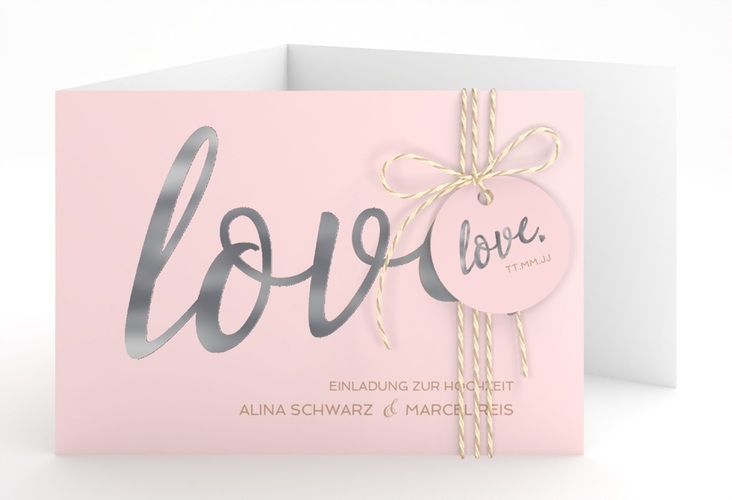 Hochzeitseinladung Glam A6 Doppel-Klappkarte rosa silber