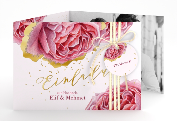 Hochzeitseinladung Cherie A6 Doppel-Klappkarte rosa gold