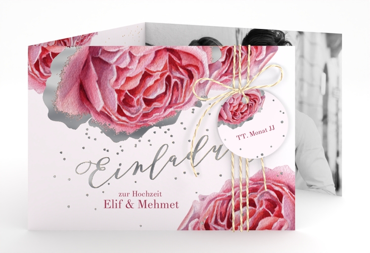 Hochzeitseinladung Cherie A6 Doppel-Klappkarte rosa silber