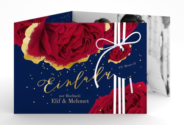 Hochzeitseinladung Cherie A6 Doppel-Klappkarte blau gold