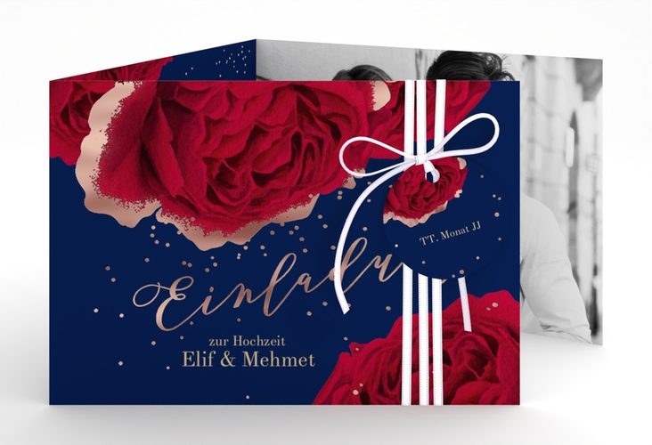 Hochzeitseinladung Cherie A6 Doppel-Klappkarte blau rosegold