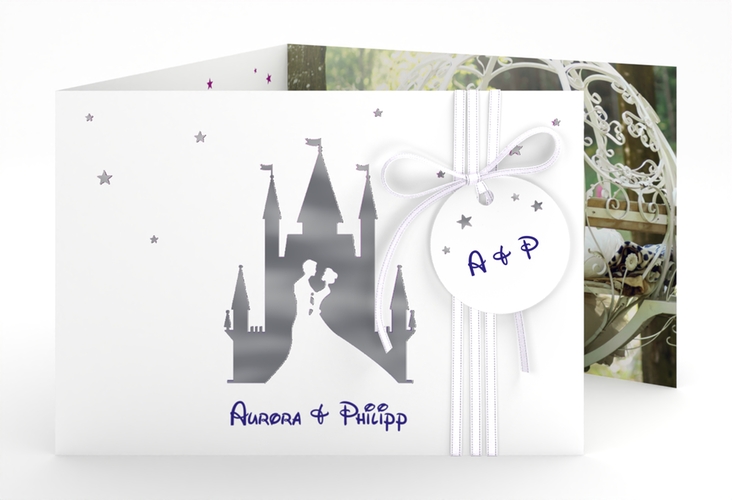 Hochzeitseinladung Castle A6 Doppel-Klappkarte lila silber