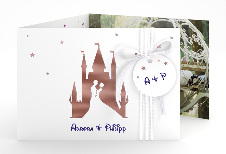 Hochzeitseinladung Castle A6 Doppel-Klappkarte lila rosegold