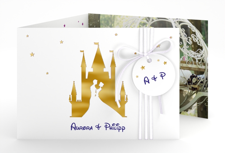Hochzeitseinladung Castle A6 Doppel-Klappkarte lila gold