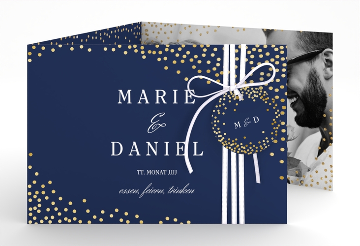 Hochzeitseinladung Glitter A6 Doppel-Klappkarte blau gold