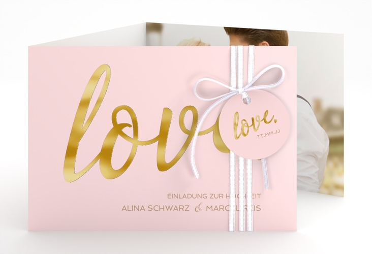 Hochzeitseinladung Glam A6 Doppel-Klappkarte rosa gold