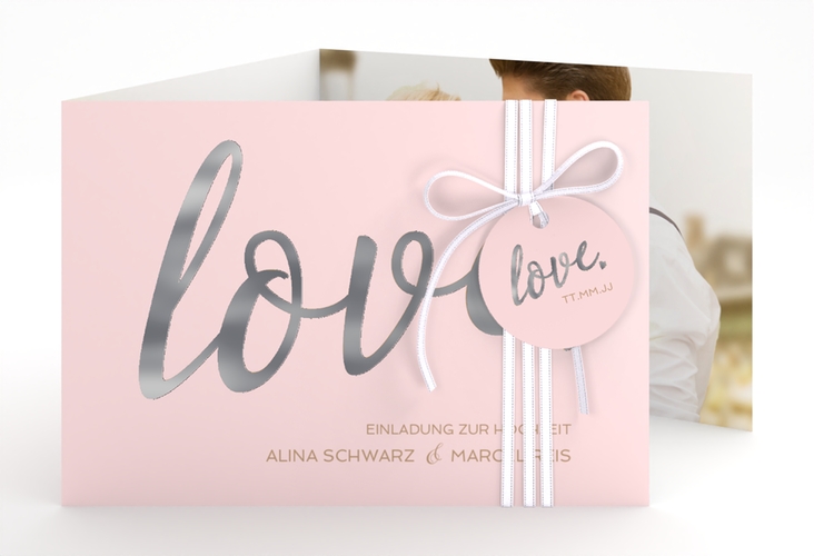 Hochzeitseinladung Glam A6 Doppel-Klappkarte rosa silber