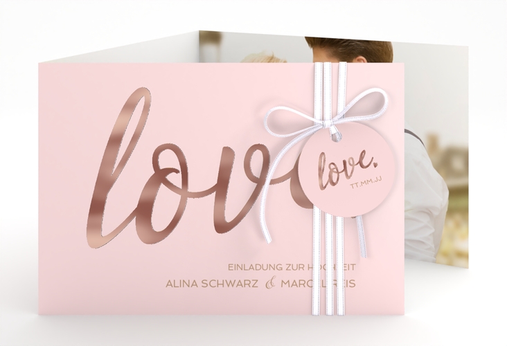 Hochzeitseinladung Glam A6 Doppel-Klappkarte rosa rosegold