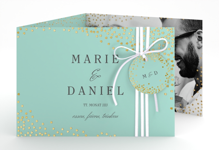 Hochzeitseinladung Glitter A6 Doppel-Klappkarte mint gold