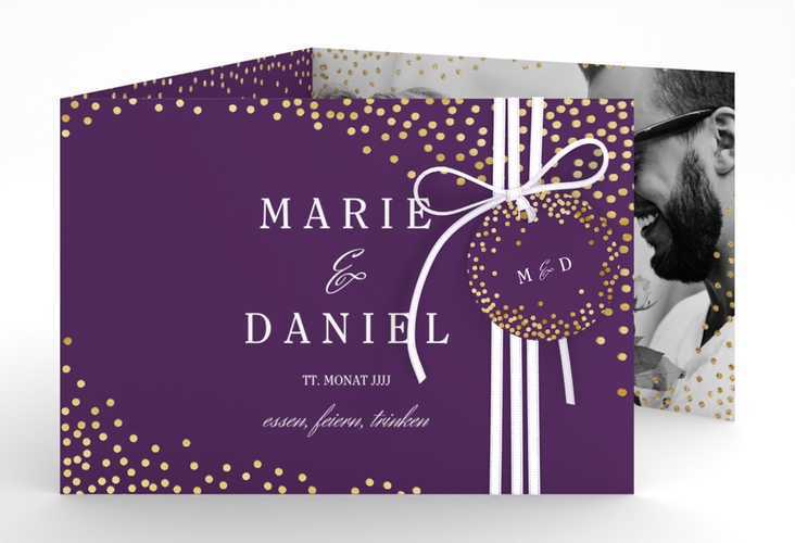 Hochzeitseinladung Glitter A6 Doppel-Klappkarte lila gold