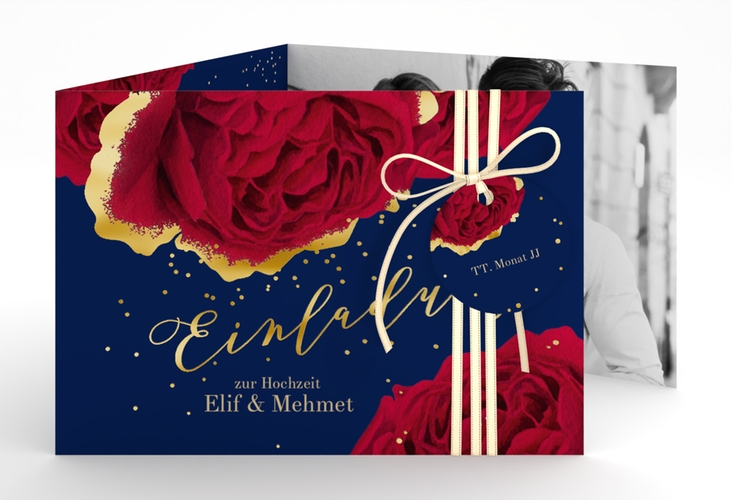 Hochzeitseinladung Cherie A6 Doppel-Klappkarte blau gold