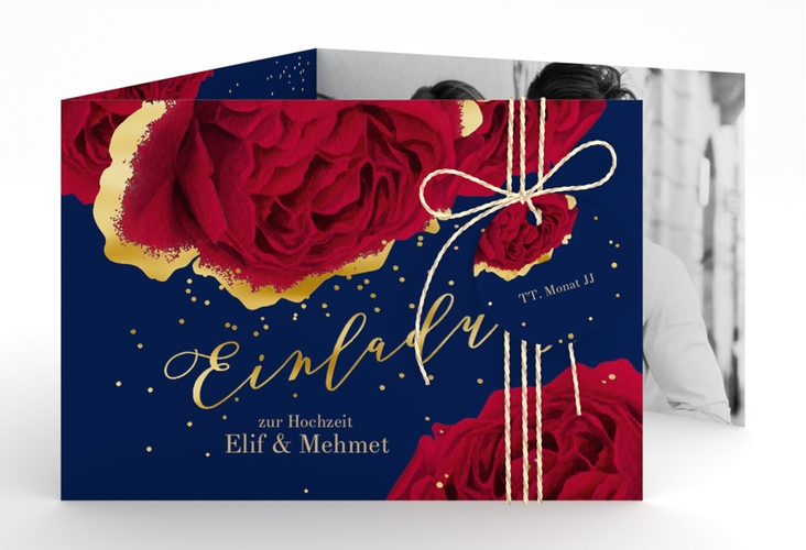 Hochzeitseinladung Cherie A6 Doppel-Klappkarte blau gold