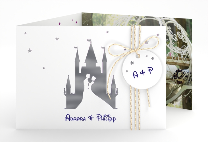 Hochzeitseinladung Castle A6 Doppel-Klappkarte lila silber