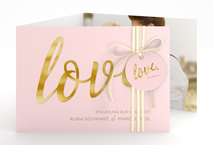 Hochzeitseinladung Glam A6 Doppel-Klappkarte rosa gold