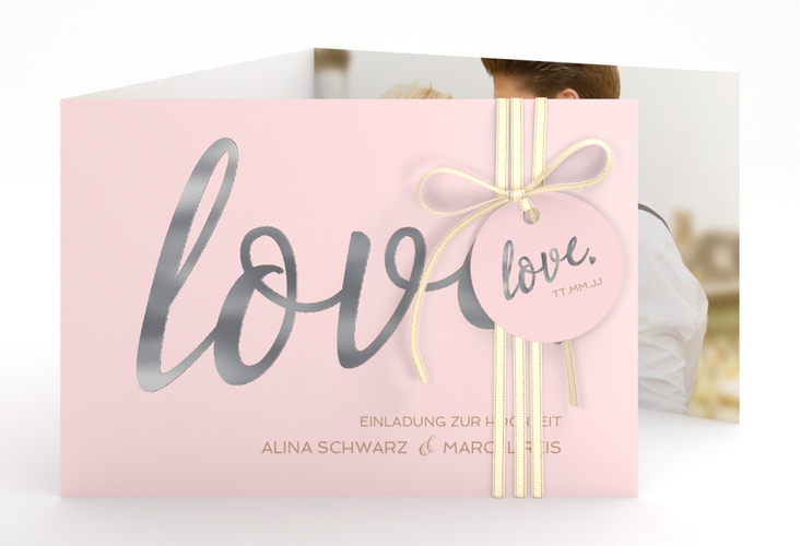 Hochzeitseinladung Glam A6 Doppel-Klappkarte rosa silber