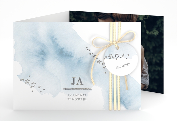 Hochzeitseinladung Pastell A6 Doppel-Klappkarte blau silber