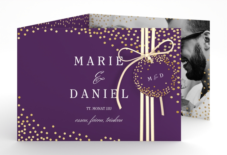 Hochzeitseinladung Glitter A6 Doppel-Klappkarte lila gold
