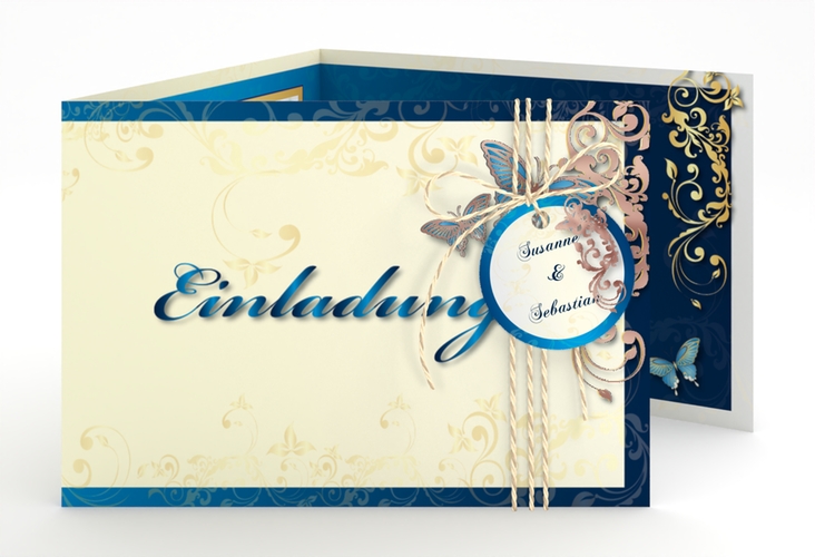 Hochzeitseinladung Toulouse A6 Doppel-Klappkarte blau rosegold