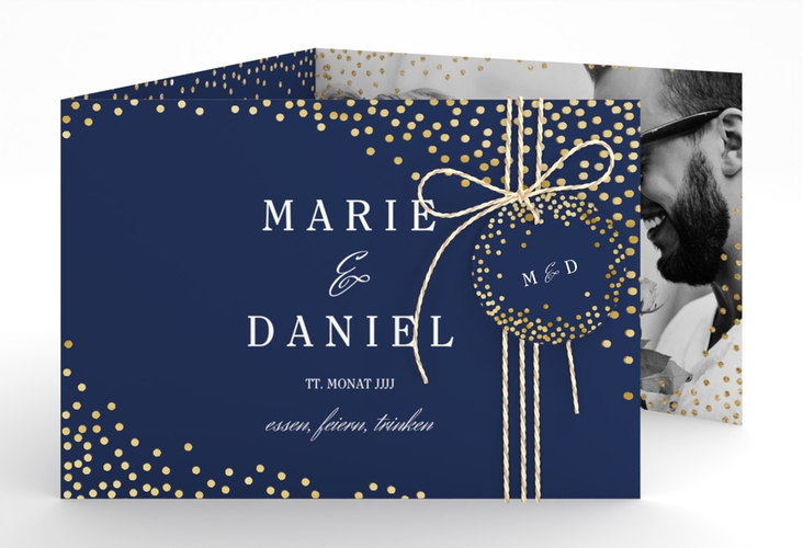 Hochzeitseinladung Glitter A6 Doppel-Klappkarte blau gold