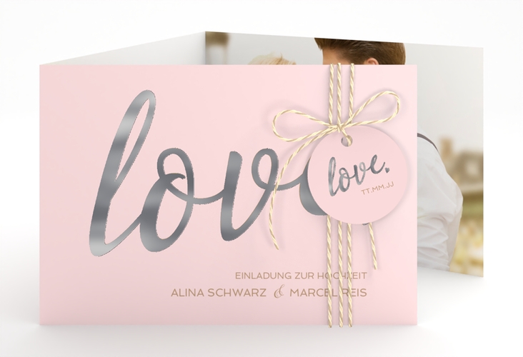 Hochzeitseinladung Glam A6 Doppel-Klappkarte rosa silber