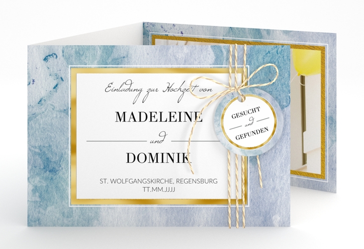 Hochzeitseinladung Marble A6 Doppel-Klappkarte blau gold