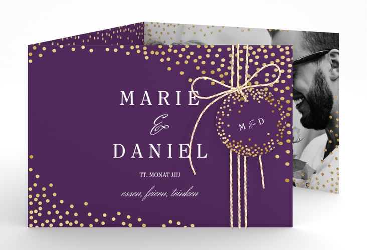Hochzeitseinladung Glitter A6 Doppel-Klappkarte lila gold
