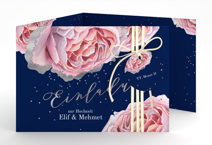 Hochzeitseinladung Cherie A6 Doppel-Klappkarte rosa silber