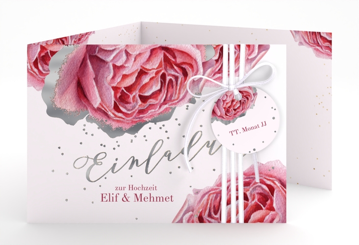 Hochzeitseinladung Cherie A6 Doppel-Klappkarte rosa silber