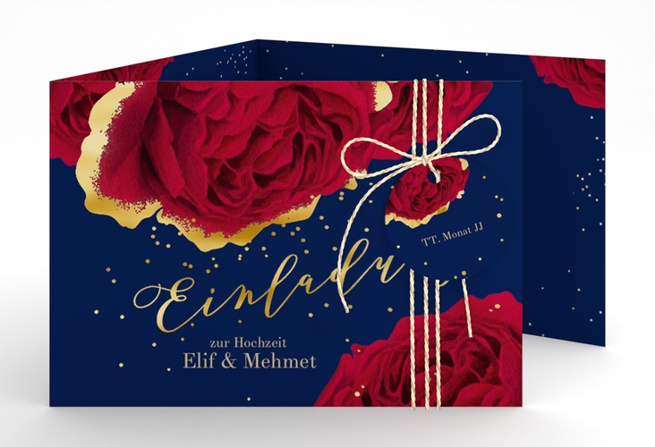 Hochzeitseinladung Cherie A6 Doppel-Klappkarte blau gold