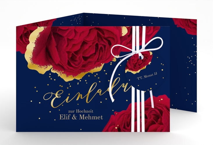 Hochzeitseinladung Cherie A6 Doppel-Klappkarte blau gold