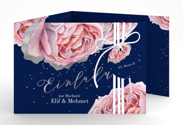 Hochzeitseinladung Cherie A6 Doppel-Klappkarte rosa silber