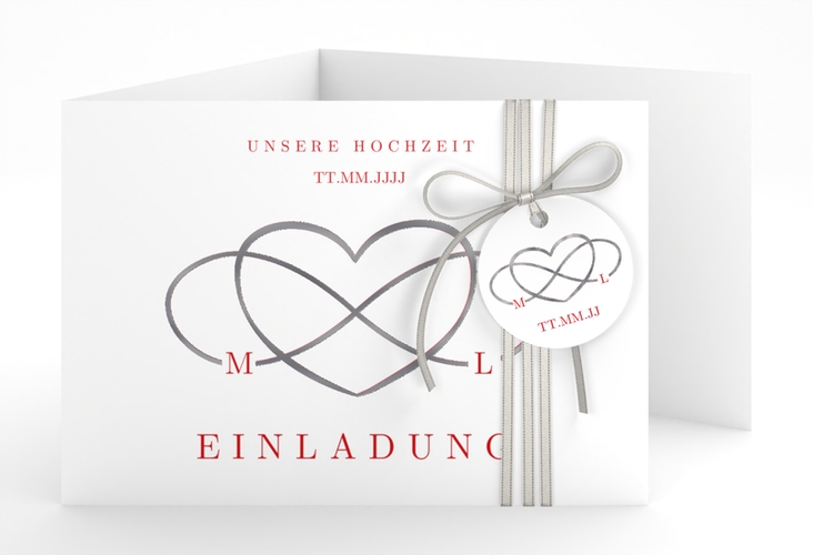 Hochzeitseinladung Infinity A6 Doppel-Klappkarte rot silber
