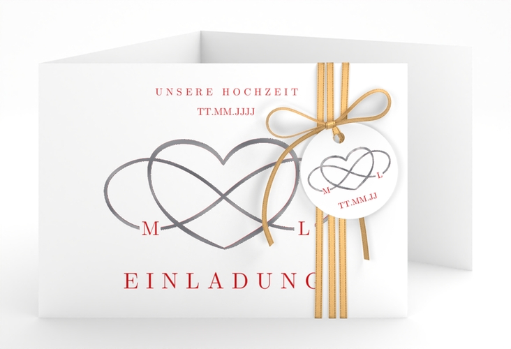 Hochzeitseinladung Infinity A6 Doppel-Klappkarte rot silber