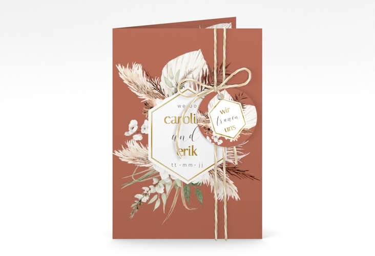 Einladungskarte Hochzeit Bohemian A6 Klappkarte hoch orange gold mit Gräsern und Trockenblumen für Boho-Hochzeit