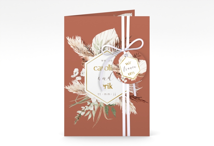 Einladungskarte Hochzeit Bohemian A6 Klappkarte hoch orange gold mit Gräsern und Trockenblumen für Boho-Hochzeit