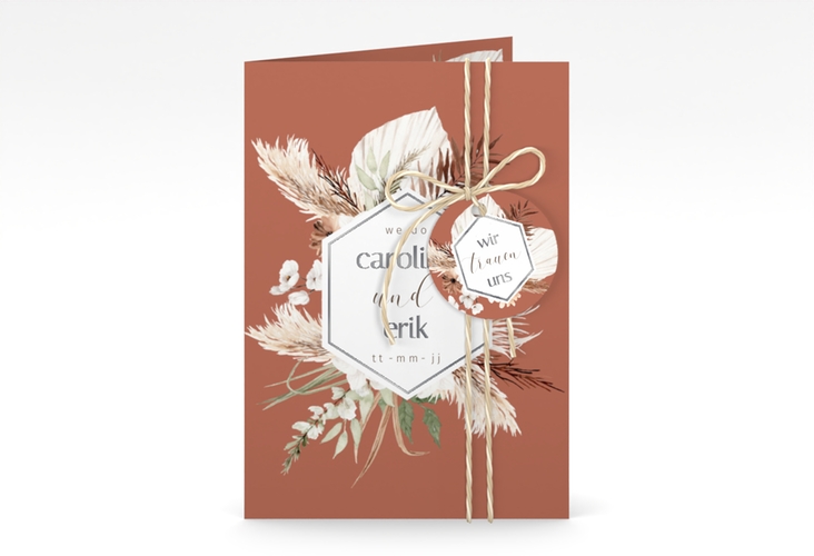 Einladungskarte Hochzeit Bohemian A6 Klappkarte hoch orange silber mit Gräsern und Trockenblumen für Boho-Hochzeit