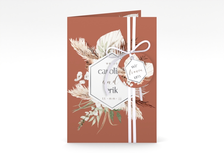 Einladungskarte Hochzeit Bohemian A6 Klappkarte hoch orange silber mit Gräsern und Trockenblumen für Boho-Hochzeit
