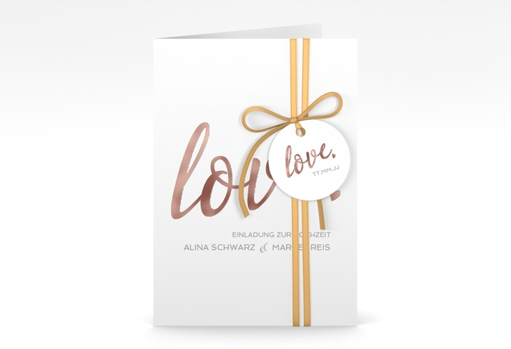 Einladungskarte Hochzeit Glam A6 Klappkarte hoch weiss rosegold