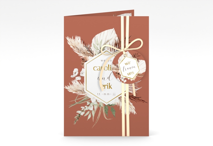 Einladungskarte Hochzeit Bohemian A6 Klappkarte hoch orange gold mit Gräsern und Trockenblumen für Boho-Hochzeit
