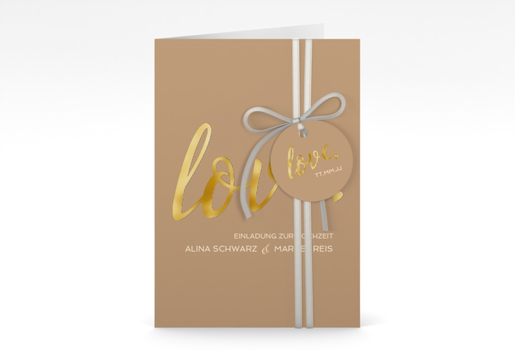 Einladungskarte Hochzeit Glam A6 Klappkarte hoch beige gold