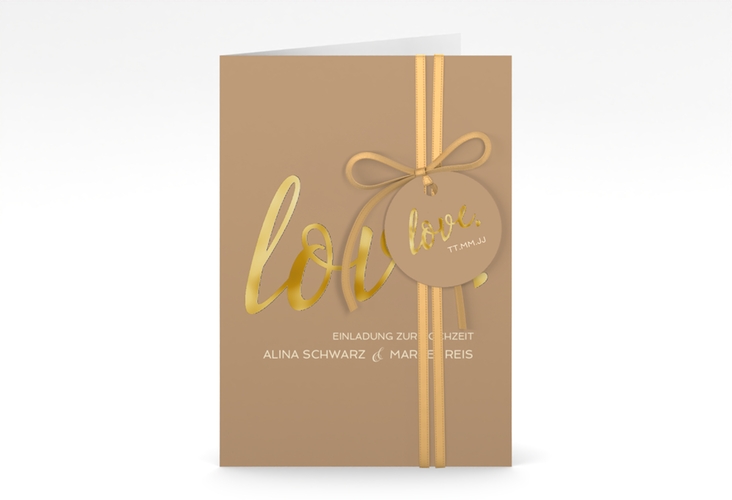 Einladungskarte Hochzeit Glam A6 Klappkarte hoch beige gold