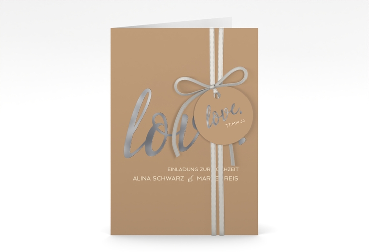 Einladungskarte Hochzeit Glam A6 Klappkarte hoch beige silber