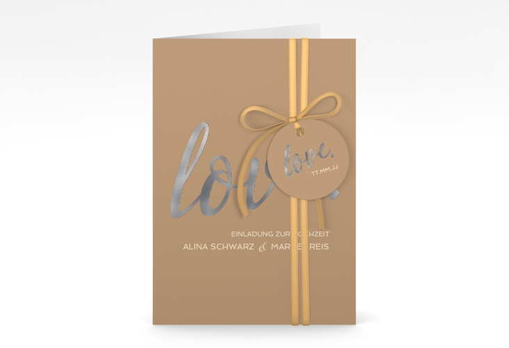 Einladungskarte Hochzeit Glam A6 Klappkarte hoch beige silber