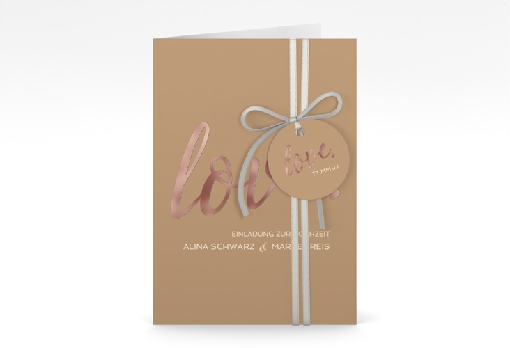 Einladungskarte Hochzeit Glam A6 Klappkarte hoch beige rosegold