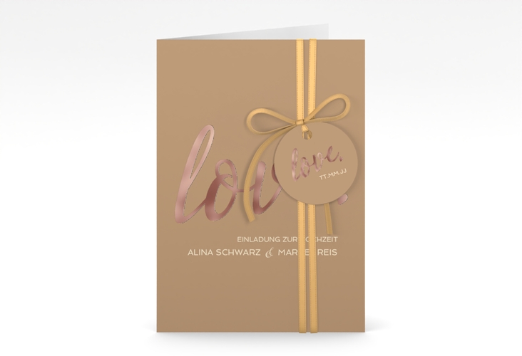 Einladungskarte Hochzeit Glam A6 Klappkarte hoch beige rosegold